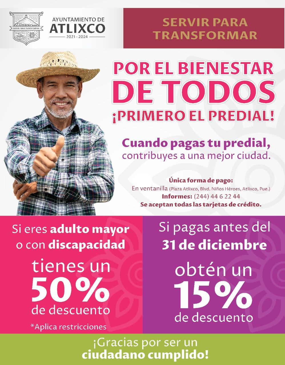 Gobierno de Atlixco otorga descuentos en pago de predial a grupos vulnerables