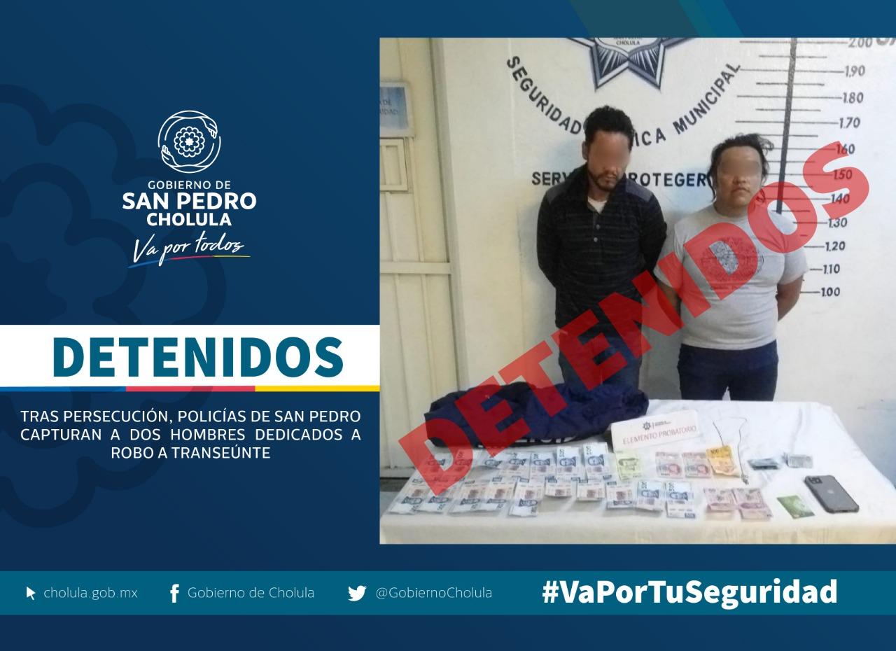 Policías de San Pedro Cholula detienen a dos hombres dedicados a robo a transeúnte  