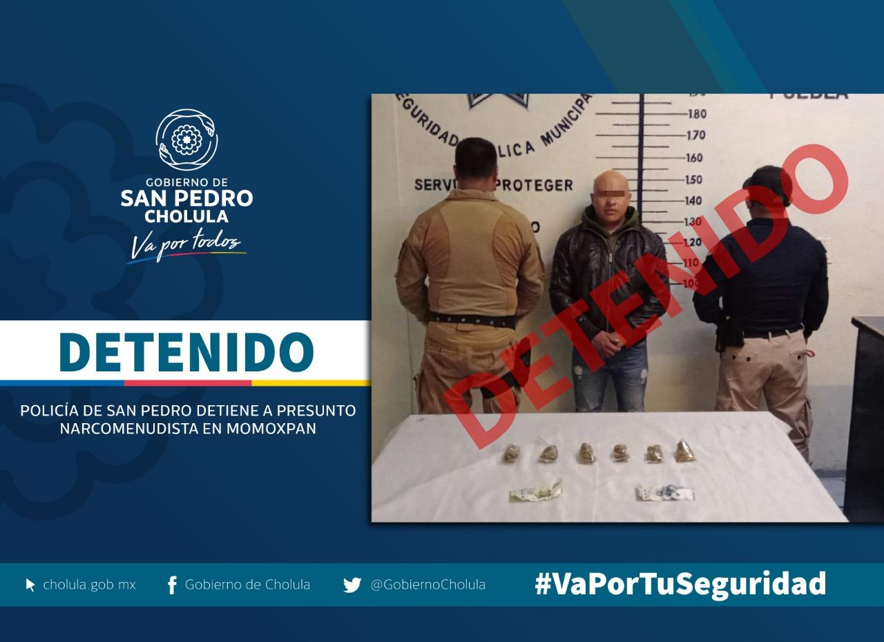 Policía de San Pedro Cholula detiene a presunto narcomenudista en Momoxpan