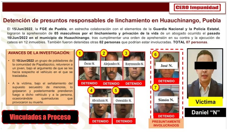 Desde la mañanera, informan que son siete los detenidos por el linchamiento de Picazo