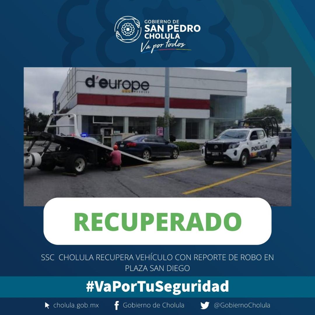 SSC de San Pedro Cholula recupera vehículo  con reporte de robo en Plaza San Diego