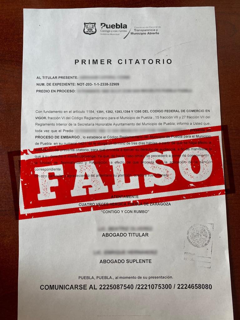 ¡No te dejes engañar! El Ayuntamiento de Puebla no envía citatorios y amenazas de embargo por adeudos de predial