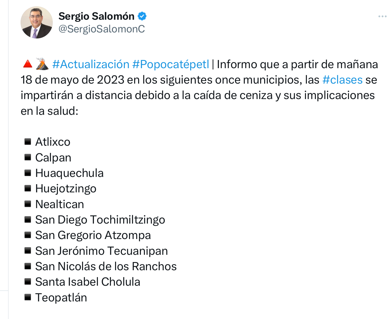 Ante la caída de ceniza a partir de este jueves en 11 municipios de Puebla las clases serán a distancia; Salomón Céspedes 
