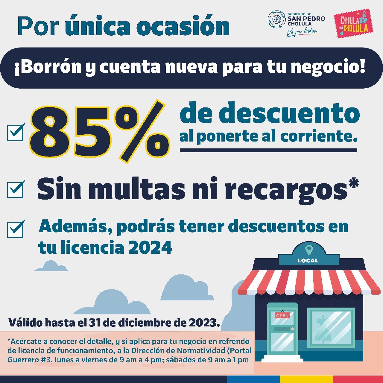 Gobierno de San Pedro Cholula anuncia descuento en refrendo de comercios del 85% y en multas y recargos del 100%