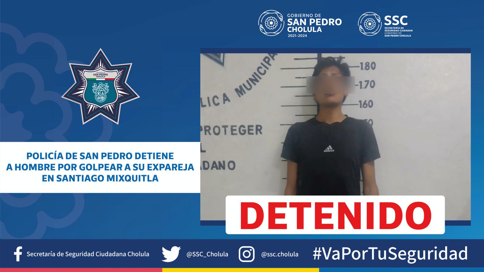 Policia de San Pedro Cholula detiene a hombre por golpear a su expareja en Santiago Mixquitla