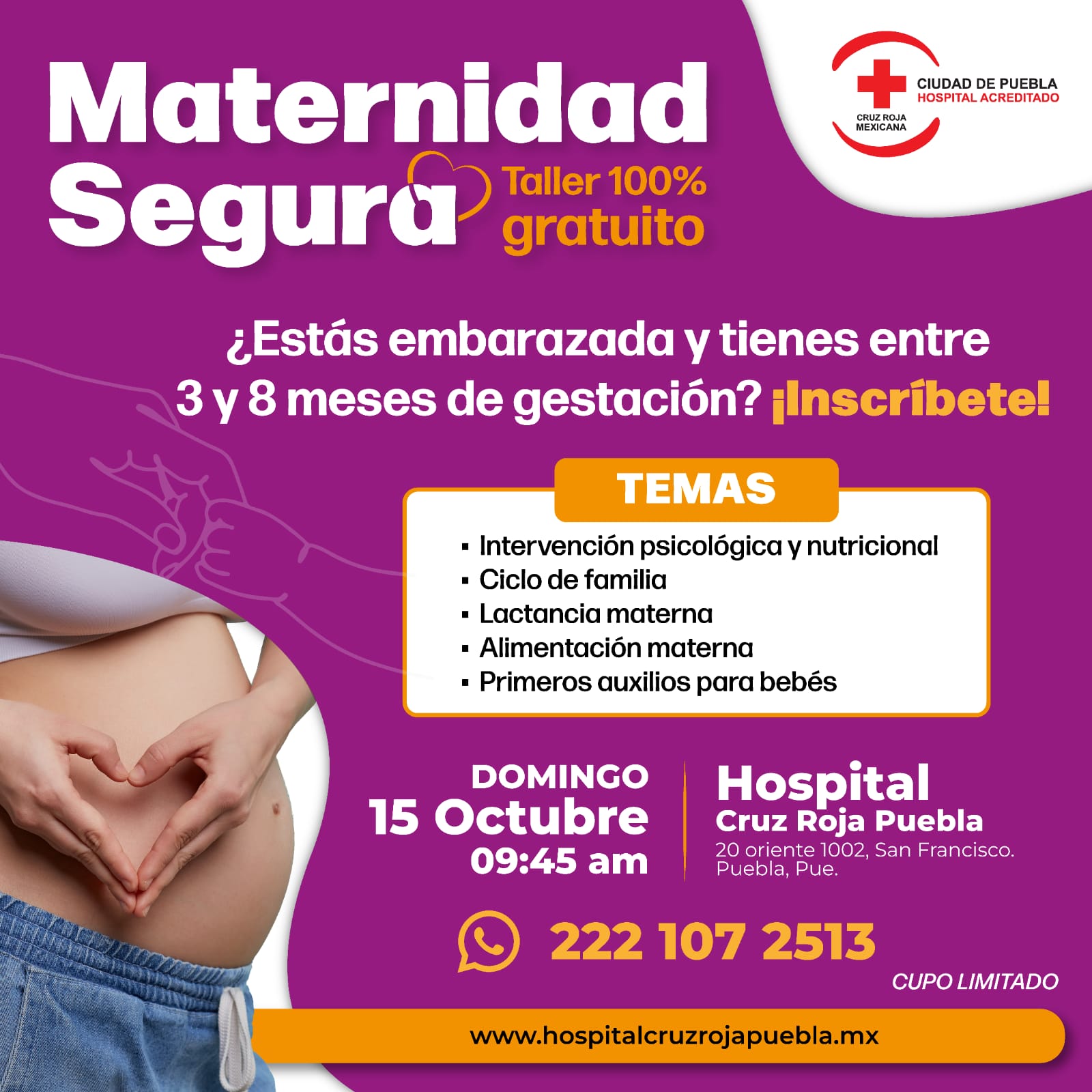 Anuncia Hospital de la Cruz Roja Mexicana en ciudad de Puebla taller gratuito sobre maternidad segura