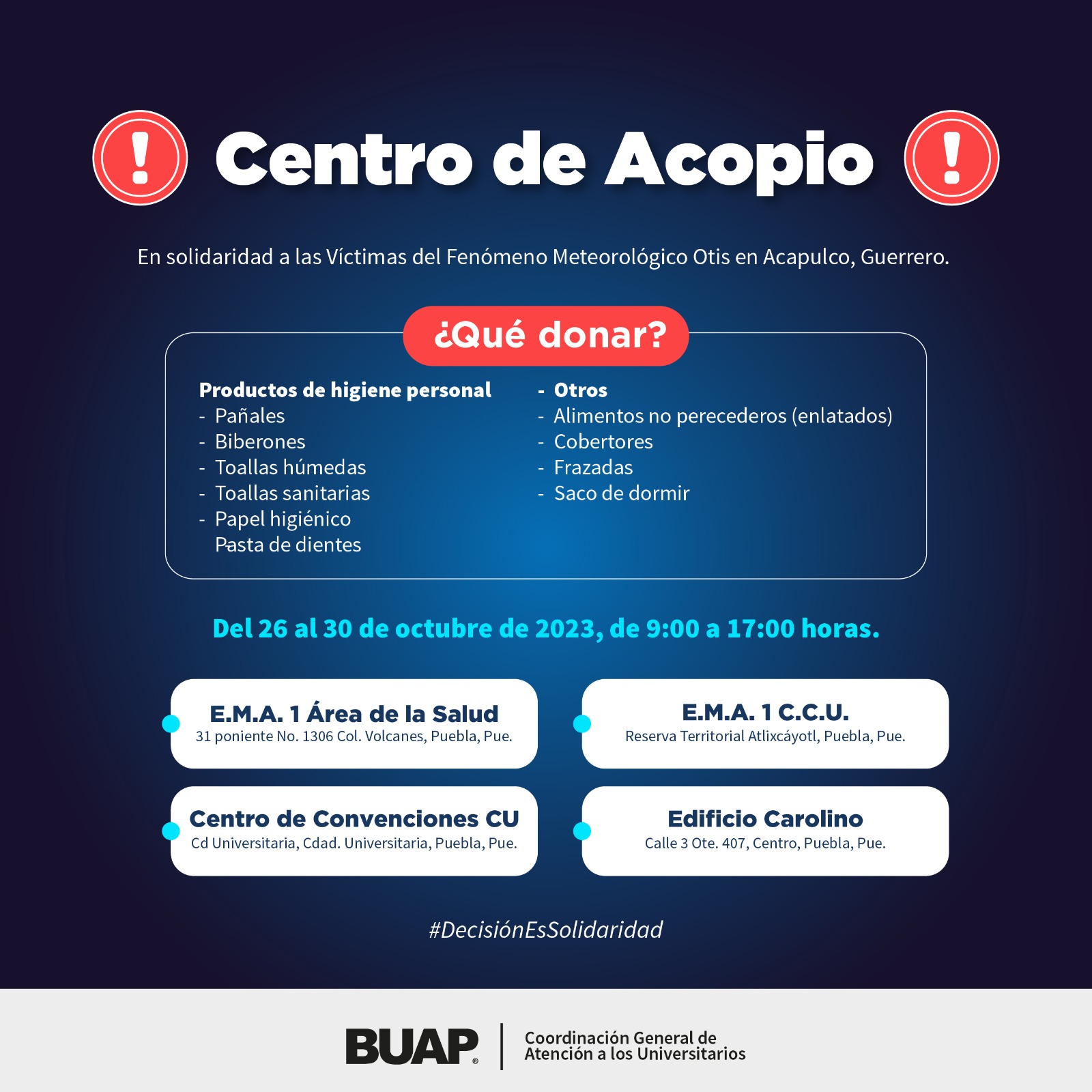 BUAP instala 4 centros de acopio para apoyar a damnificados en Acapulco