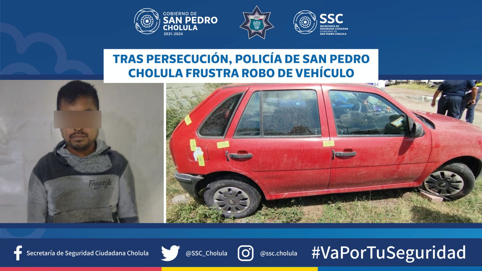 Tras persecución,  policía de San Pedro Cholula frustra robo de vehículo