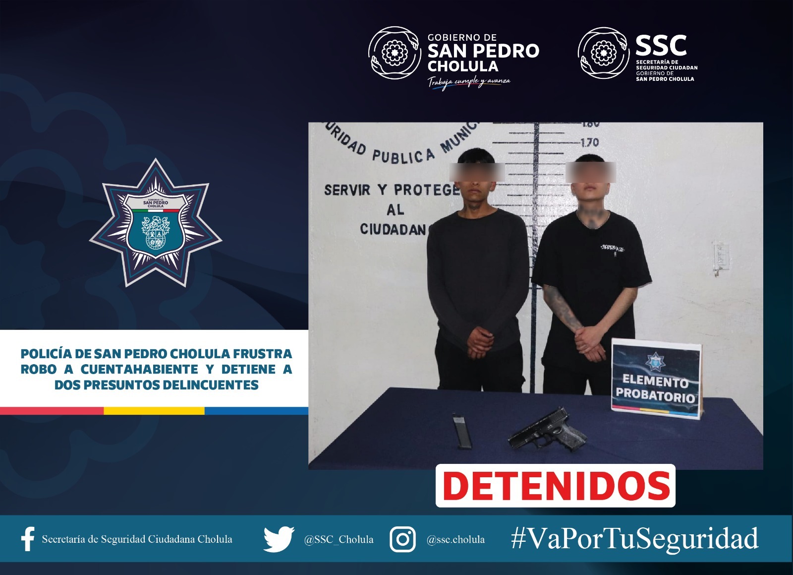Policia de San Pedro Cholula frustra robo a cuentahabiente y detiene a dos presuntos delincuentes