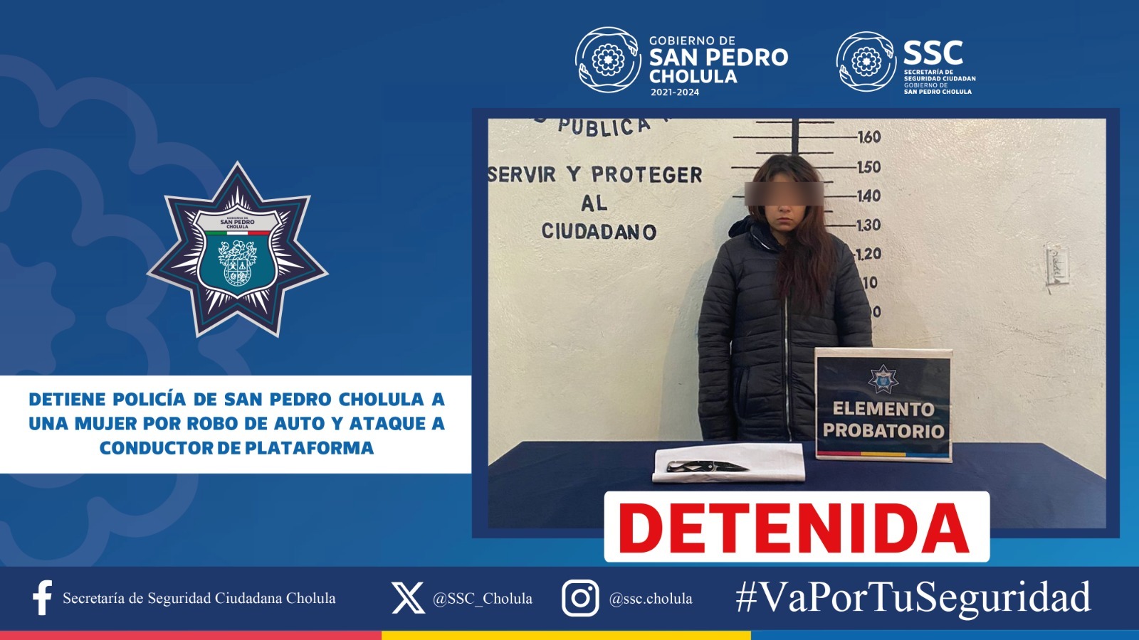 Policía de San Pedro Cholula detiene a una mujer por robo de auto y ataque a conductor en plataforma