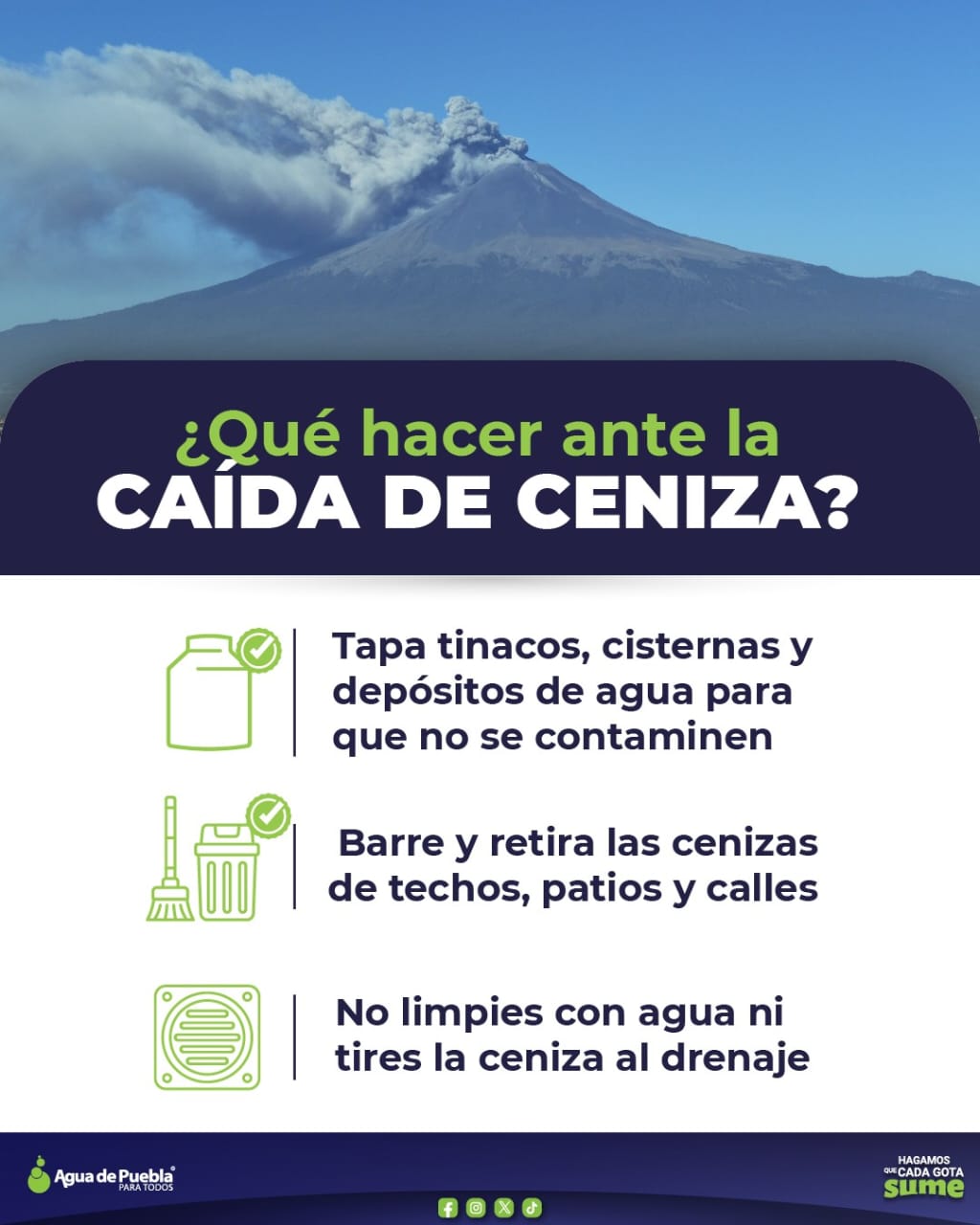 Agua de Puebla recomienda tapar depósitos de agua y no arrojar la Ceniza a los drenajes para evitar taponamientos