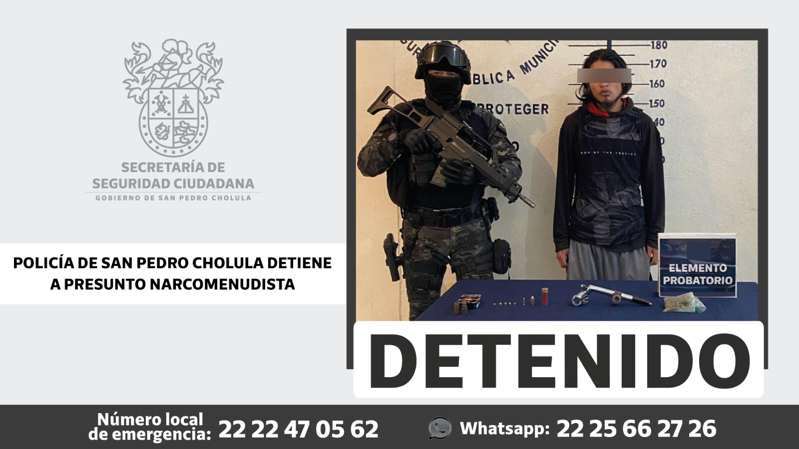 Policía de San Pedro Cholula a presunto narcomenudista