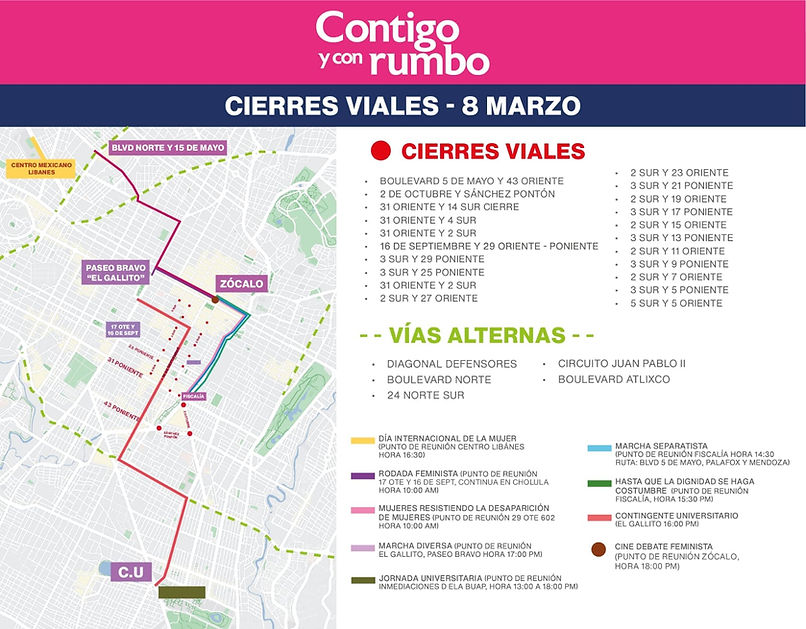 Estas son las vialidades que estarán cerradas por las marchas del 8M en Puebla capital