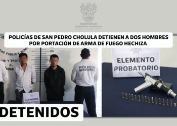 Policías de San Pedro Cholula detienen a dos hombres por portación de arma de fuego hechiza