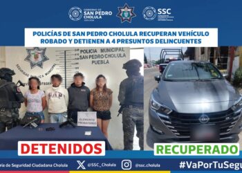Policía de San Pedro Cholula recupera vehículo robado y detienen a 4 presuntos delincuentes