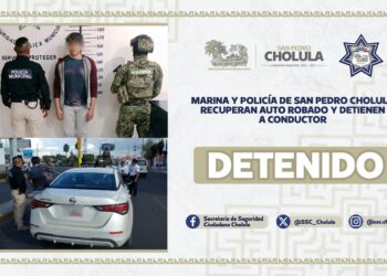 Marina y Policía de San Pedro Cholula recuperan auto robado y detienen a conductor