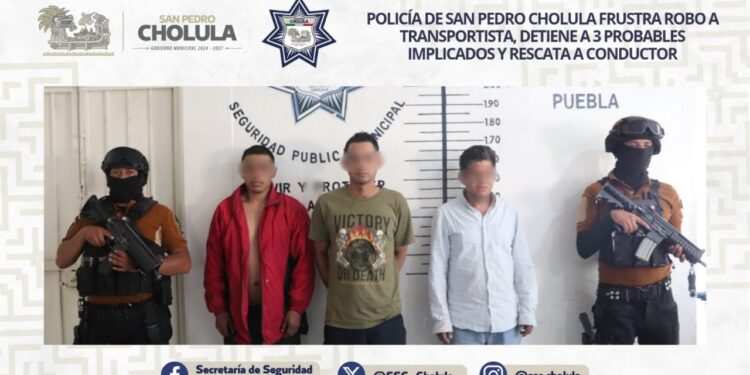 Policía de San Pedro Cholula frustra robo a transportista, detiene a 3 probables implicados y rescata a conductor