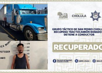 Grupo Táctico de San Pedro Cholula recupera tractocamión robado y detiene a conductor