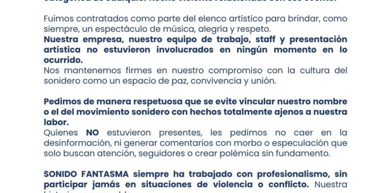 Sonido Fantasma se deslinda de hechos violentos en evento de Chalchihuapan; expresa condolencias