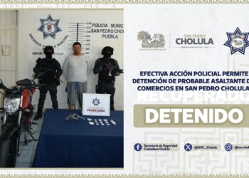 Efectiva acción policial permite detención de probable asaltante de comercios en San Pedro Cholula