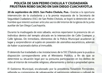 Policía de San Pedro Cholula y ciudadanía frustran robo sacro en San Diego Cuachayotla