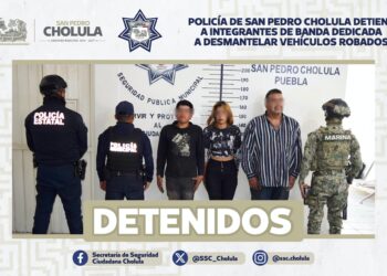 Policía de San Pedro Cholula detiene a integrantes de banda dedicada a desmantelar vehículos robados