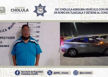 SSC Cholula asegura vehículo con reporte de robo en Tlaxcala y detiene al conductor