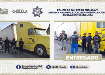Policía de San Pedro Cholula y Guardia Nacional localizan unidad de carga robada en Texmelucan