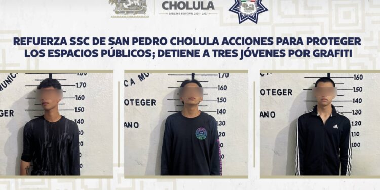 Refuerza SSC de San Pedro Cholula acciones para proteger los espacios públicos; detiene a tres jóvenes por grafiti