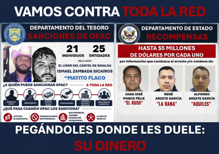 Fotografía divulgada en la cuenta oficial de X @USAmbMex del embajador Estados Unidos en México, Ronald Johnson, que muestra una publicación sobre las sanciones de la OFAC contra el líder del Cártel de Sinaloa, Ismael Zambada Sicairos, Mayito Flaco, y casi 50 personas más. EFE/ @USAmbMex /SOLO USO EDITORIAL/ NO VENTAS/ SOLO DISPONIBLE PARA ILUSTRAR LA NOTICIA QUE ACOMPAÑA (CRÉDITO OBLIGATORIO)